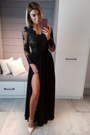 Plus Size Emo Luna czarna elegancka wieczorowa Długa sukienka