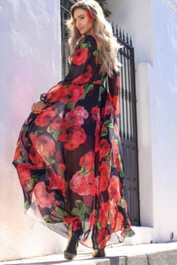 Sukienki codzienne Emo Linda szyfonowa maxi sukienka Róże Długa sukienka